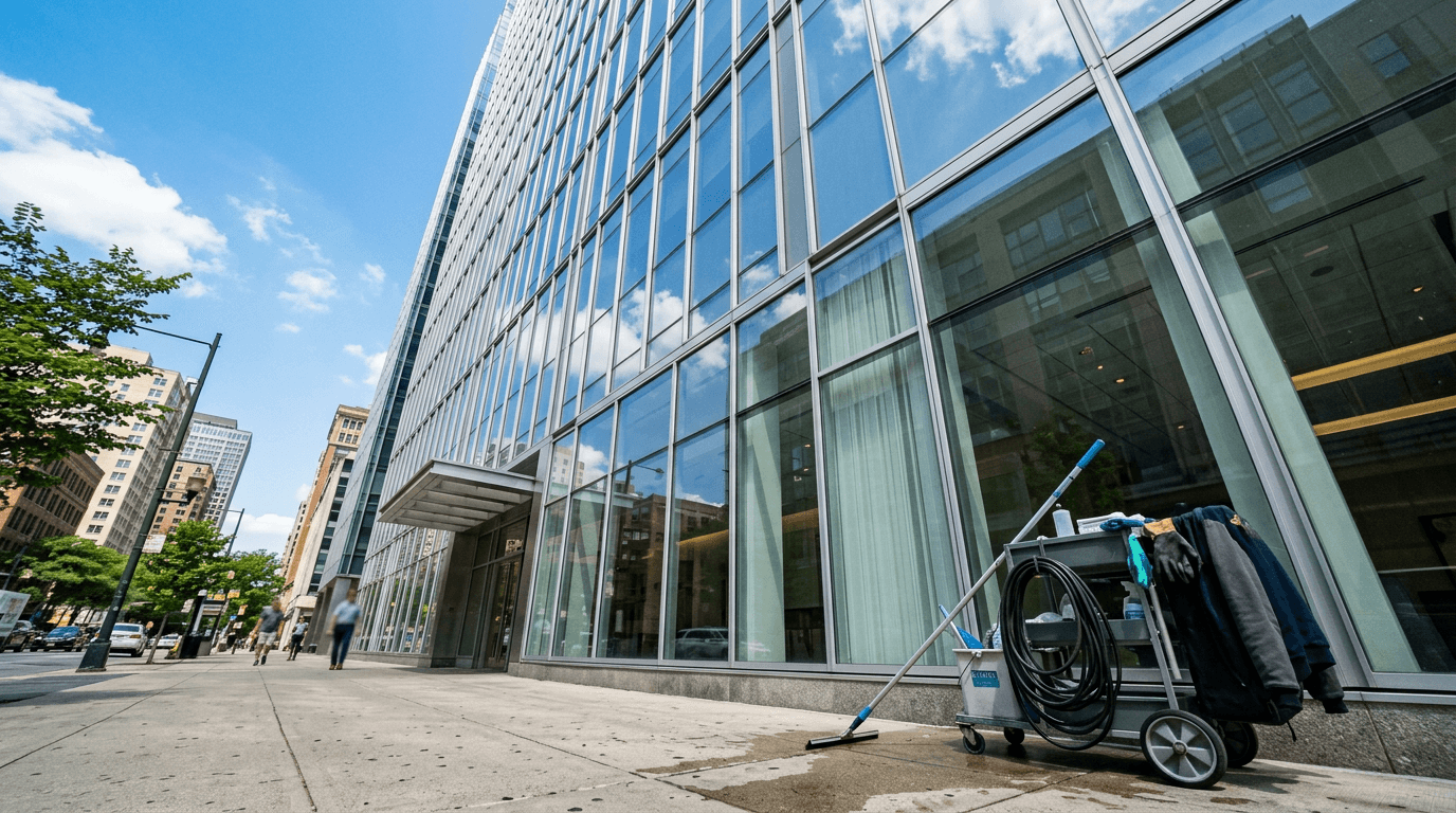 Exterior building glass and facade prepared for professional window service