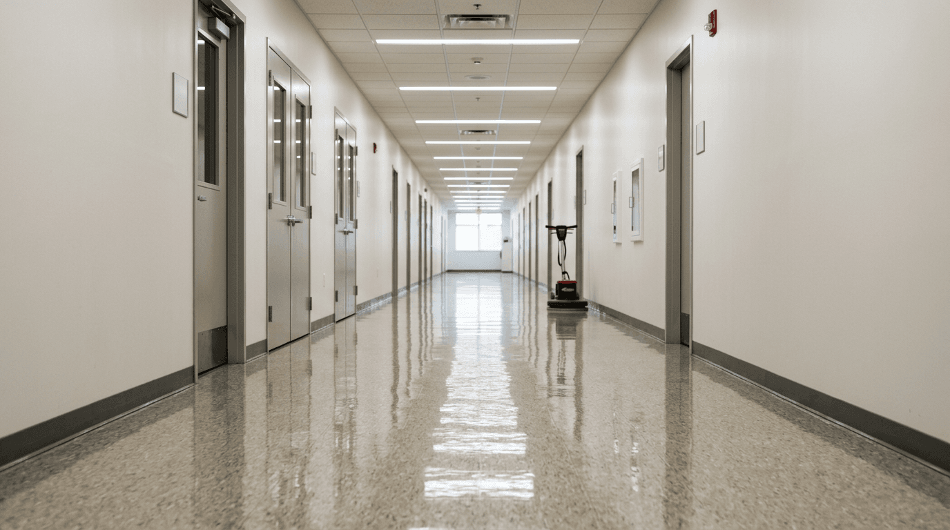 Glossy commercial VCT or vinyl tile floor with corridor perspective and professional floor care context
