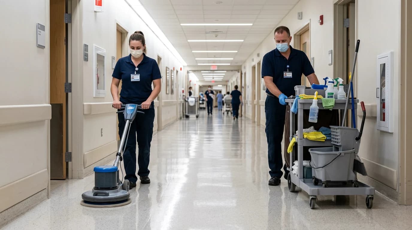 Commercial cleaning technicians with a janitorial cart servicing a polished hospital hallway