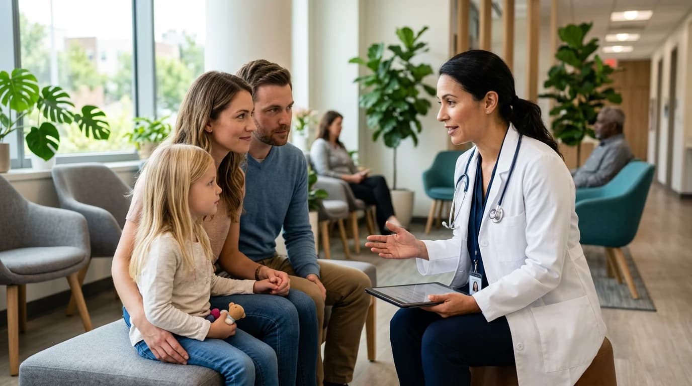 Physician speaking with visitors in a bright outpatient waiting and consultation area