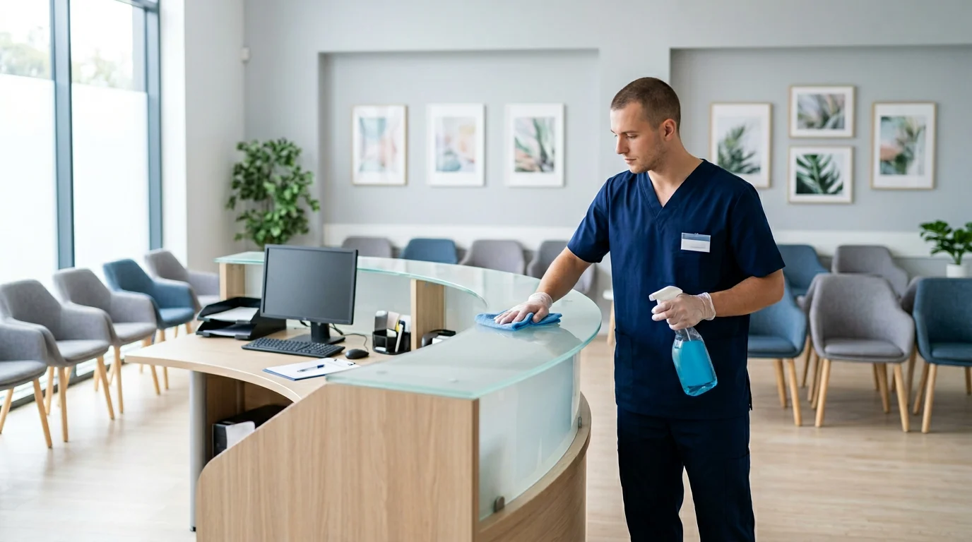 Cleaning professional wiping a reception counter in a modern medical clinic waiting room