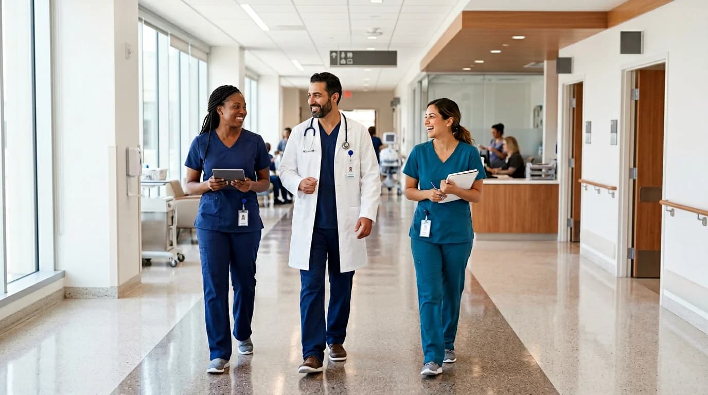 Diverse healthcare professionals in scrubs and lab coats in a bright modern clinic corridor